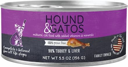 hound and gatos 98% turkey and liver formula grain-free canned cat food